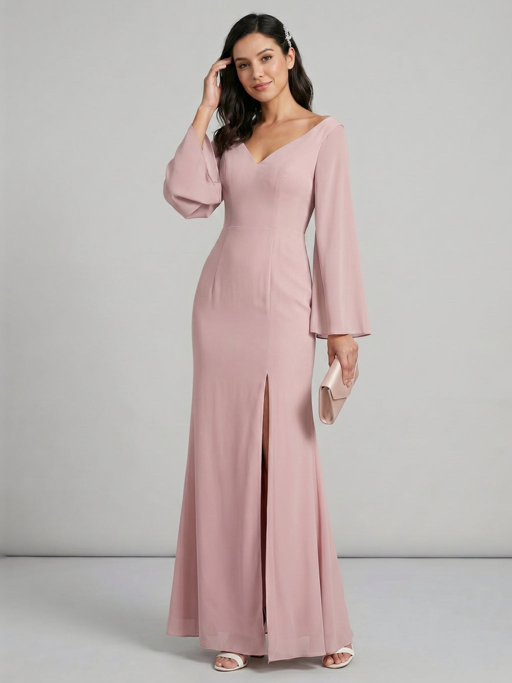 Modest Dusty Rose Chiffon column V-Neck Ankle-Length Bridesmaid Dress with Minimalist Design