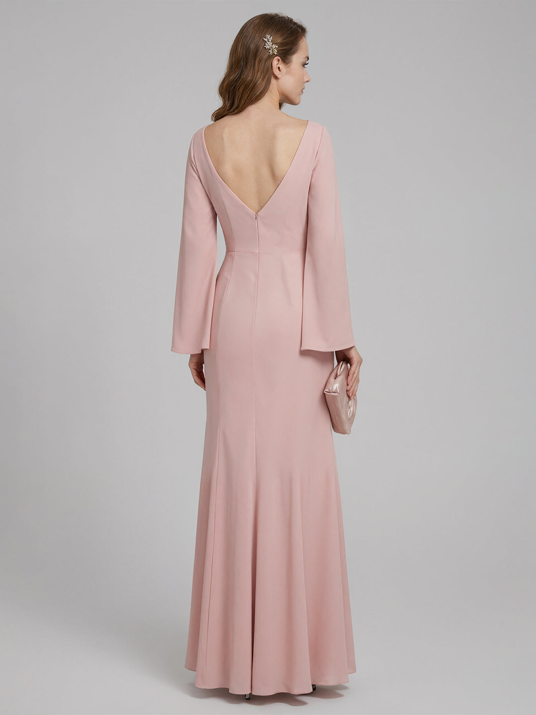 Modest Dusty Rose Chiffon column V-Neck Ankle-Length Bridesmaid Dress with Minimalist Design