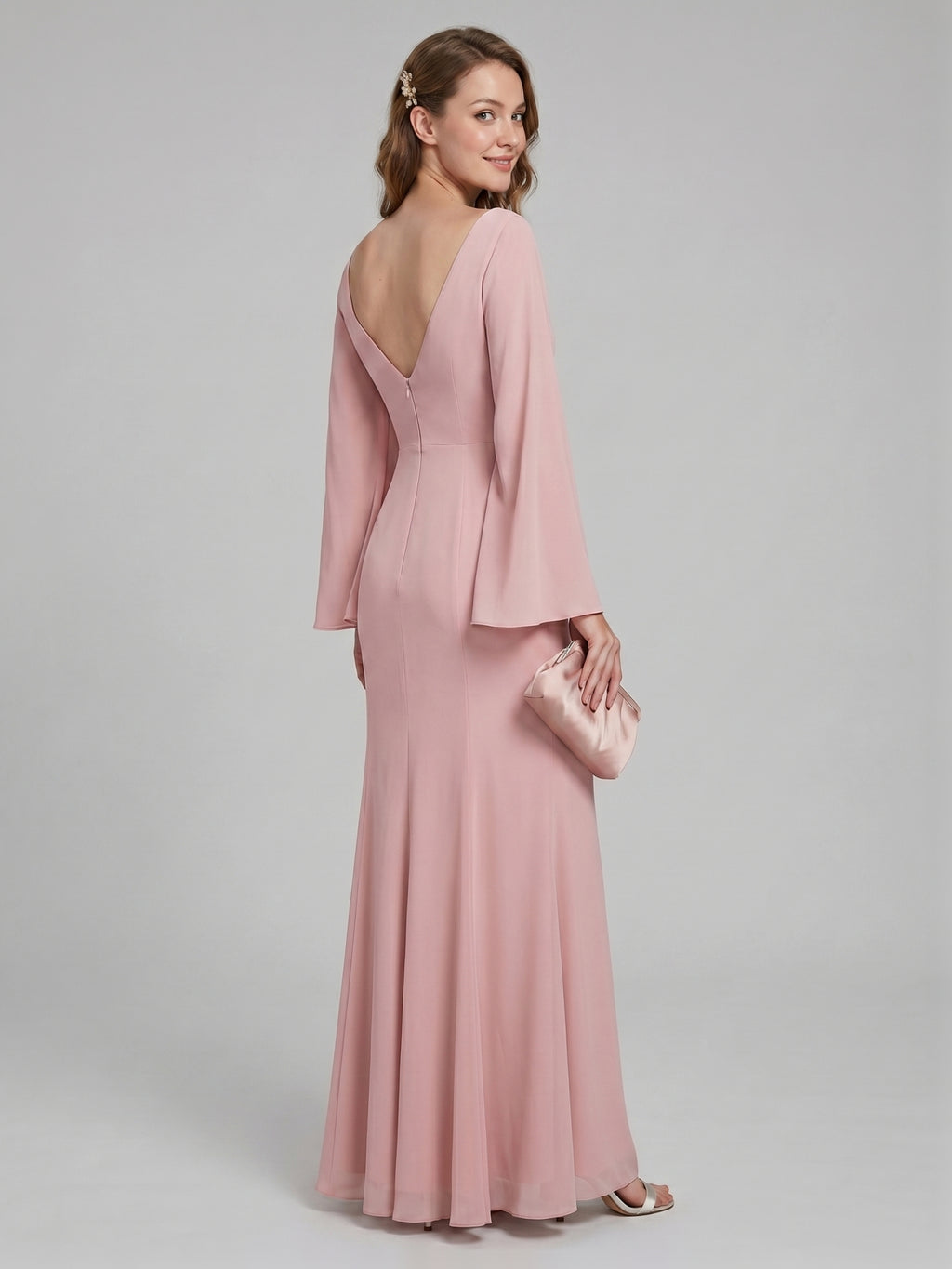 Modest Dusty Rose Chiffon column V-Neck Ankle-Length Bridesmaid Dress with Minimalist Design