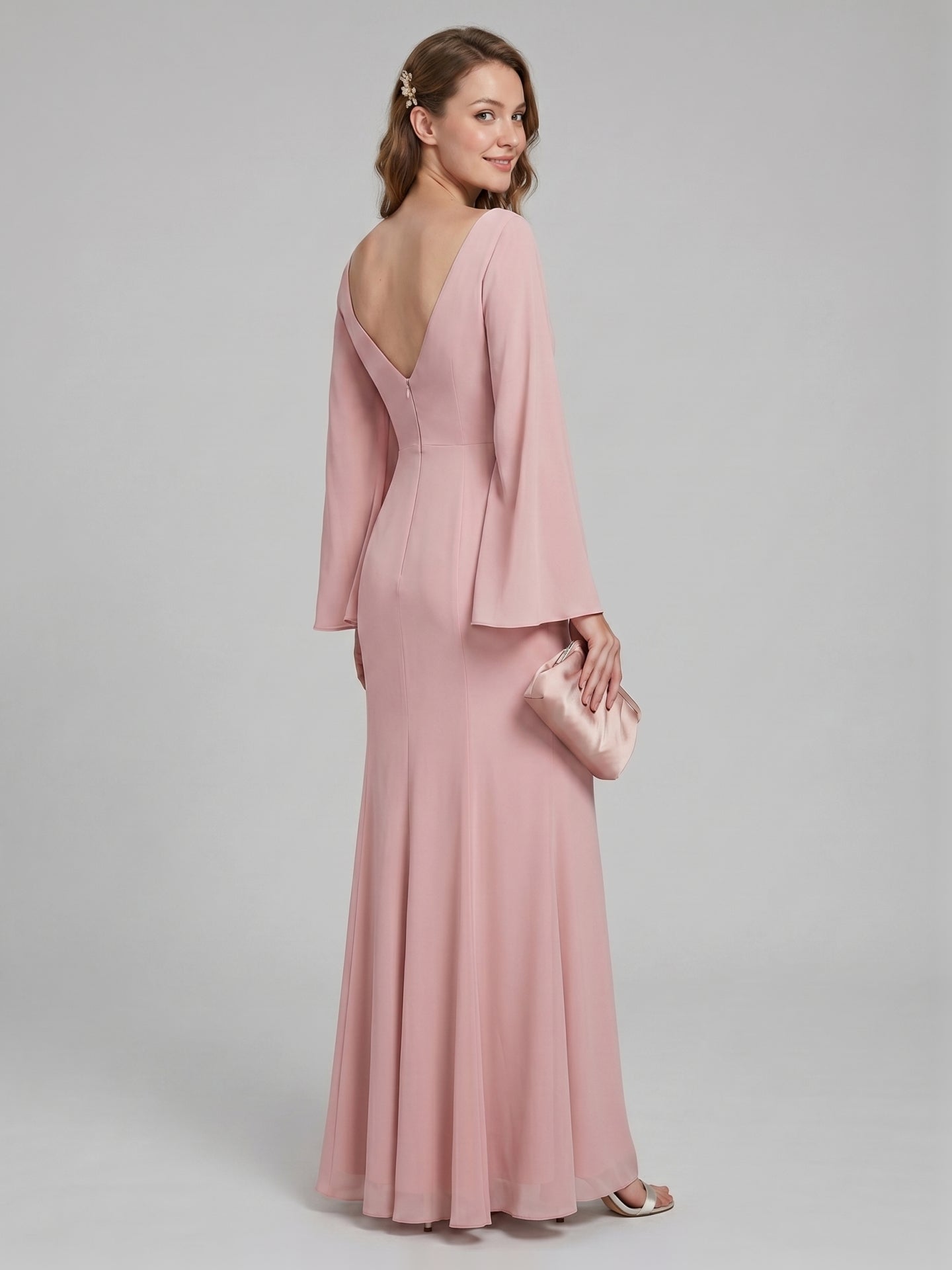Modest Dusty Rose Chiffon column V-Neck Ankle-Length Bridesmaid Dress with Minimalist Design