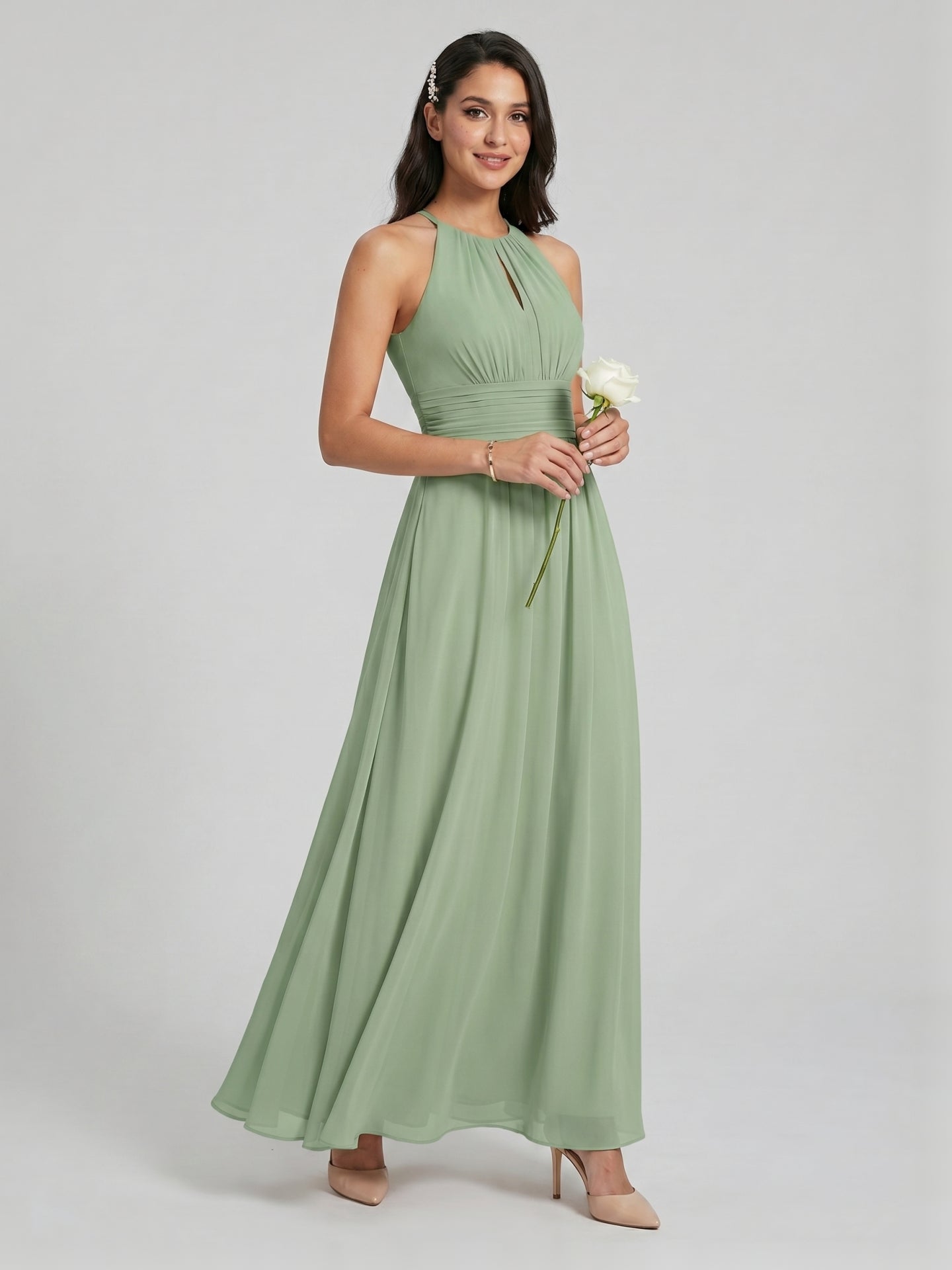 Modest Dusty Sage Chiffon A-Line Halter neckline Back Zip Ankle-Length Bridesmaid Dress