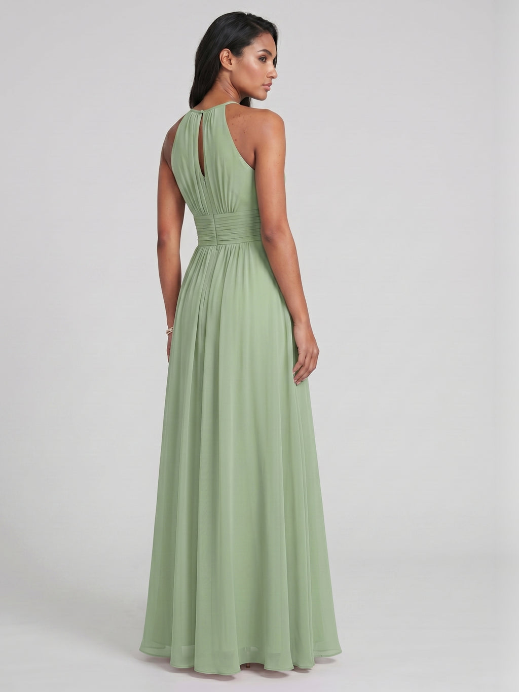 Modest Dusty Sage Chiffon A-Line Halter neckline Back Zip Ankle-Length Bridesmaid Dress