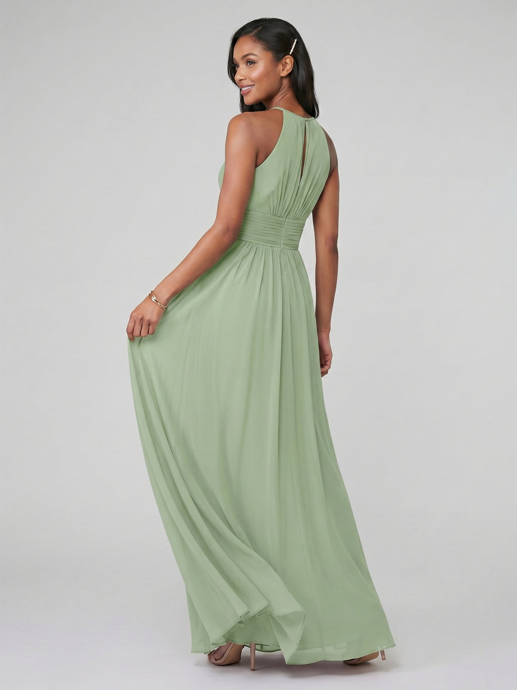 Modest Dusty Sage Chiffon A-Line Halter neckline Back Zip Ankle-Length Bridesmaid Dress