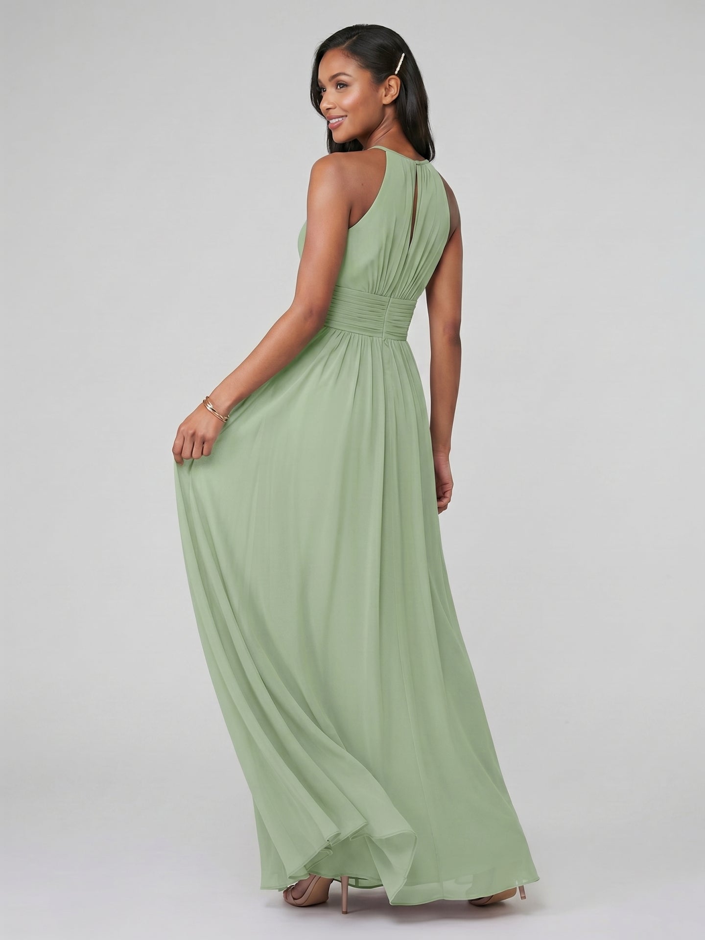 Modest Dusty Sage Chiffon A-Line Halter neckline Back Zip Ankle-Length Bridesmaid Dress