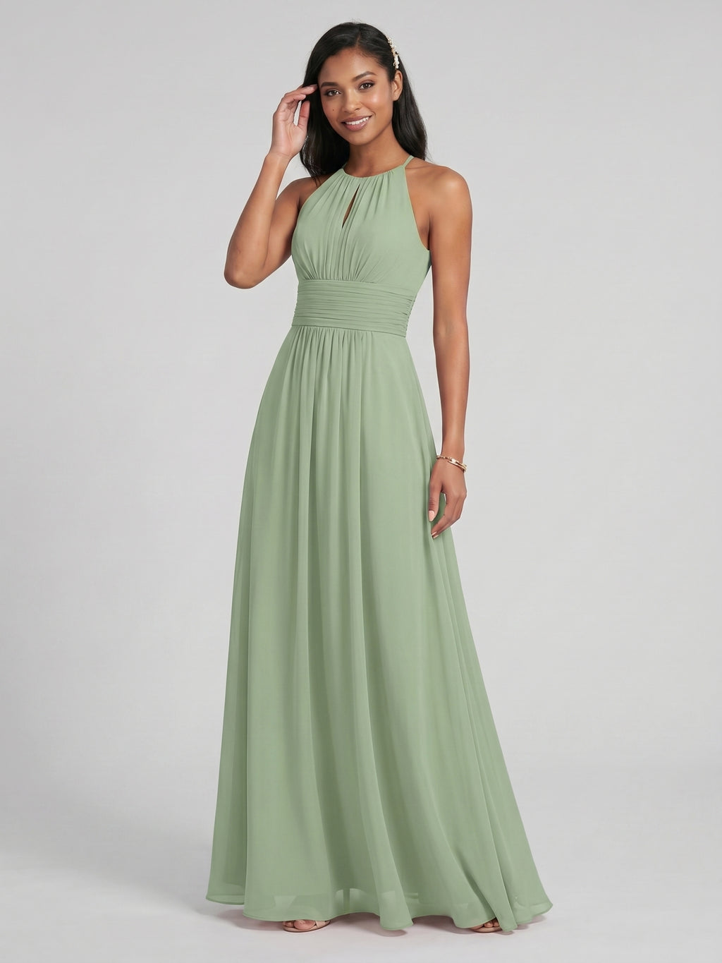 Modest Dusty Sage Chiffon A-Line Halter neckline Back Zip Ankle-Length Bridesmaid Dress