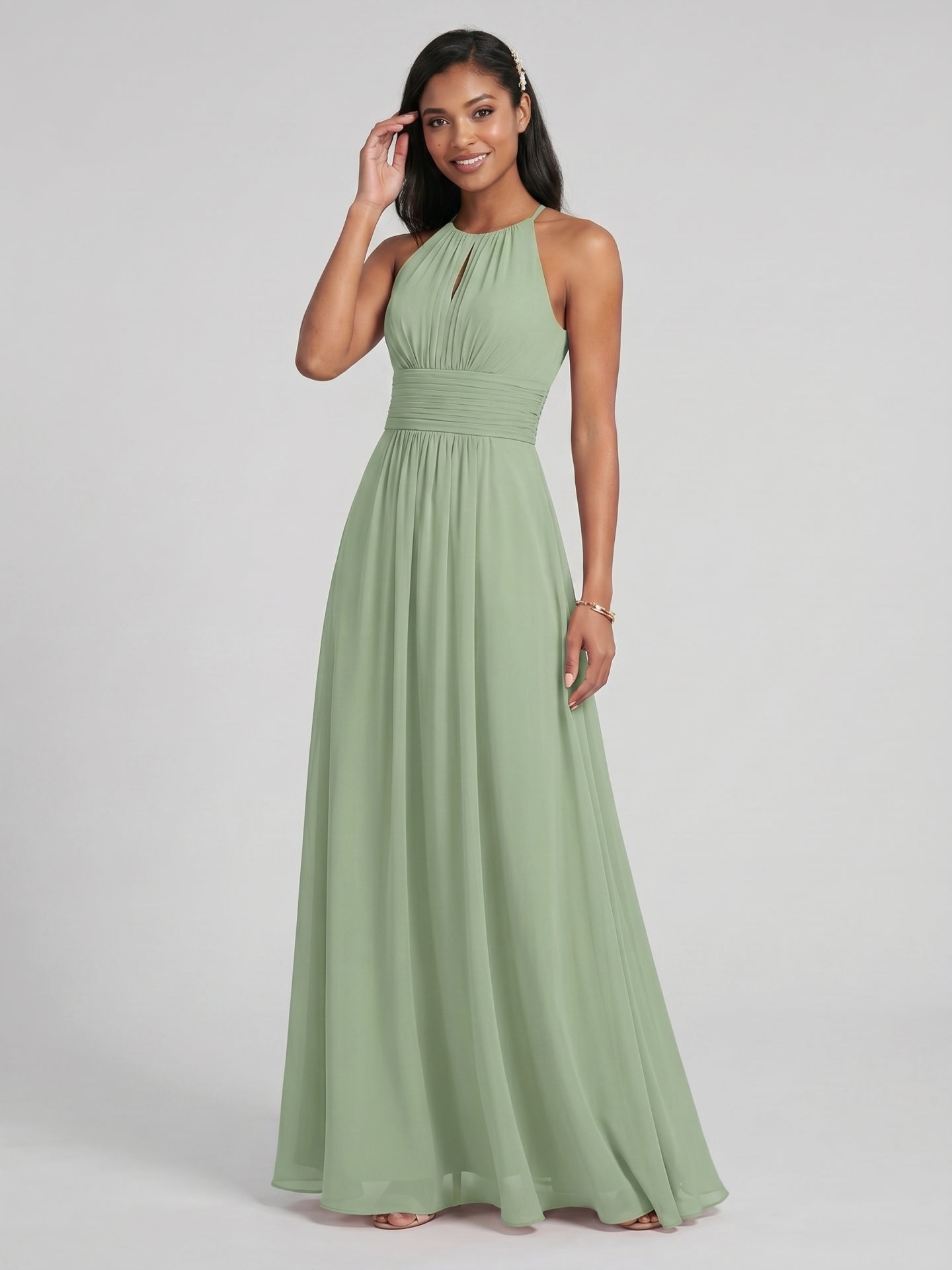 Modest Dusty Sage Chiffon A-Line Halter neckline Back Zip Ankle-Length Bridesmaid Dress