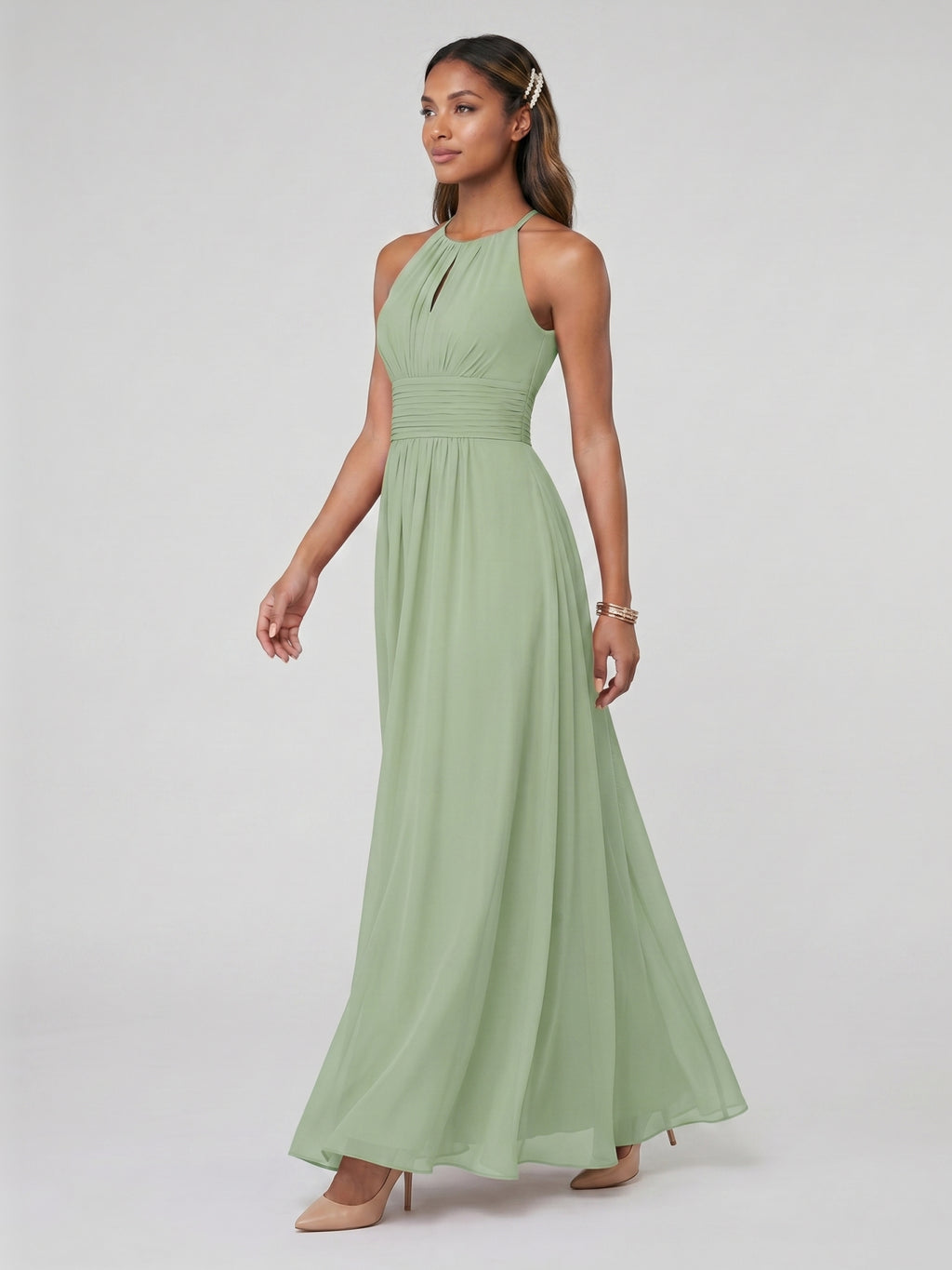 Modest Dusty Sage Chiffon A-Line Halter neckline Back Zip Ankle-Length Bridesmaid Dress