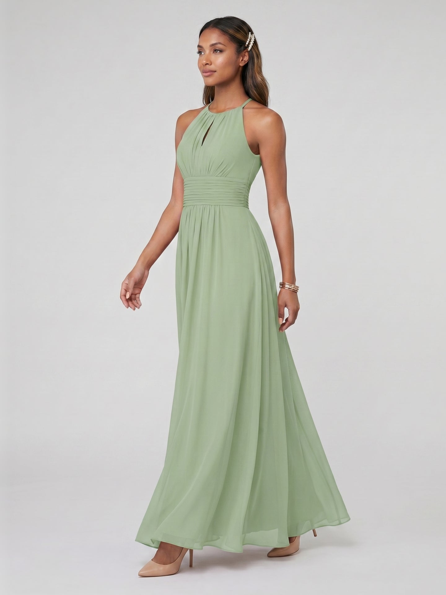 Modest Dusty Sage Chiffon A-Line Halter neckline Back Zip Ankle-Length Bridesmaid Dress