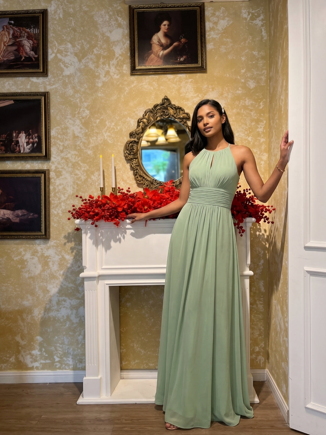 Modest Dusty Sage Chiffon A-Line Halter neckline Back Zip Ankle-Length Bridesmaid Dress