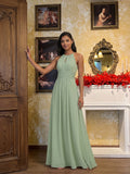 Modest Dusty Sage Chiffon A-Line Halter neckline Back Zip Ankle-Length Bridesmaid Dress