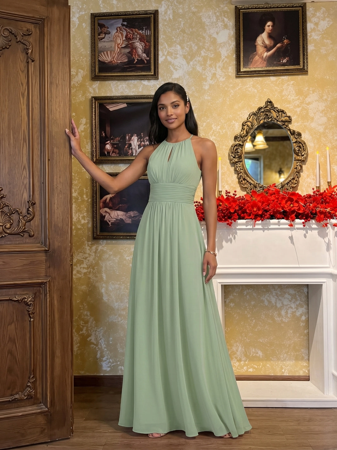 Modest Dusty Sage Chiffon A-Line Halter neckline Back Zip Ankle-Length Bridesmaid Dress