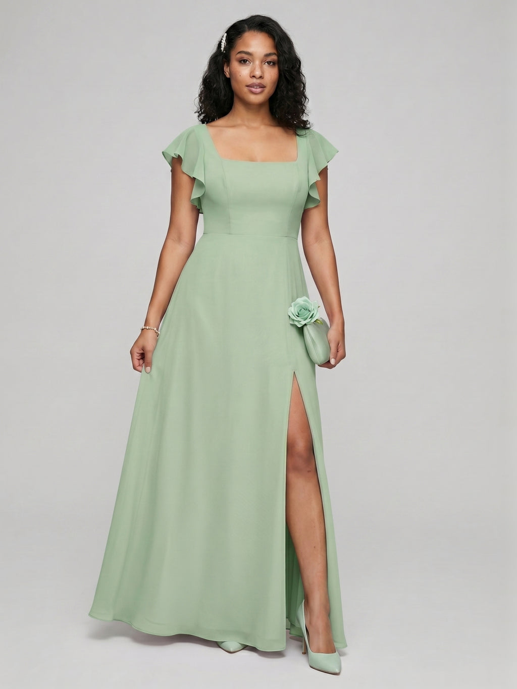 Modest Dusty Sage Chiffon A-Line Square Neck Ankle-Length Bridesmaid Dress