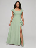 Modest Dusty Sage Chiffon A-Line Square Neck Ankle-Length Bridesmaid Dress
