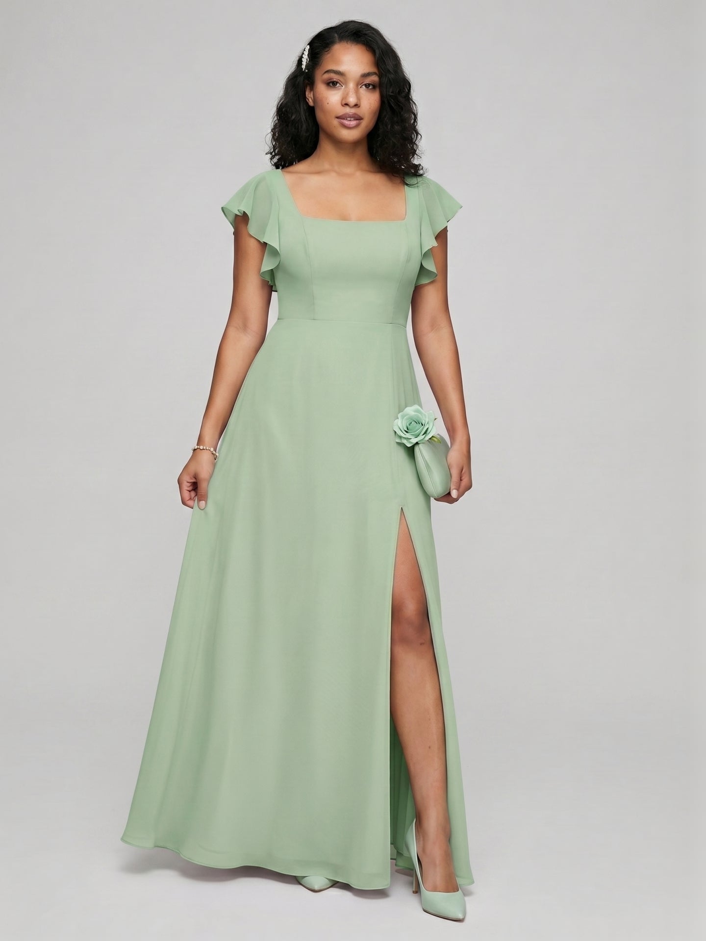Modest Dusty Sage Chiffon A-Line Square Neck Ankle-Length Bridesmaid Dress