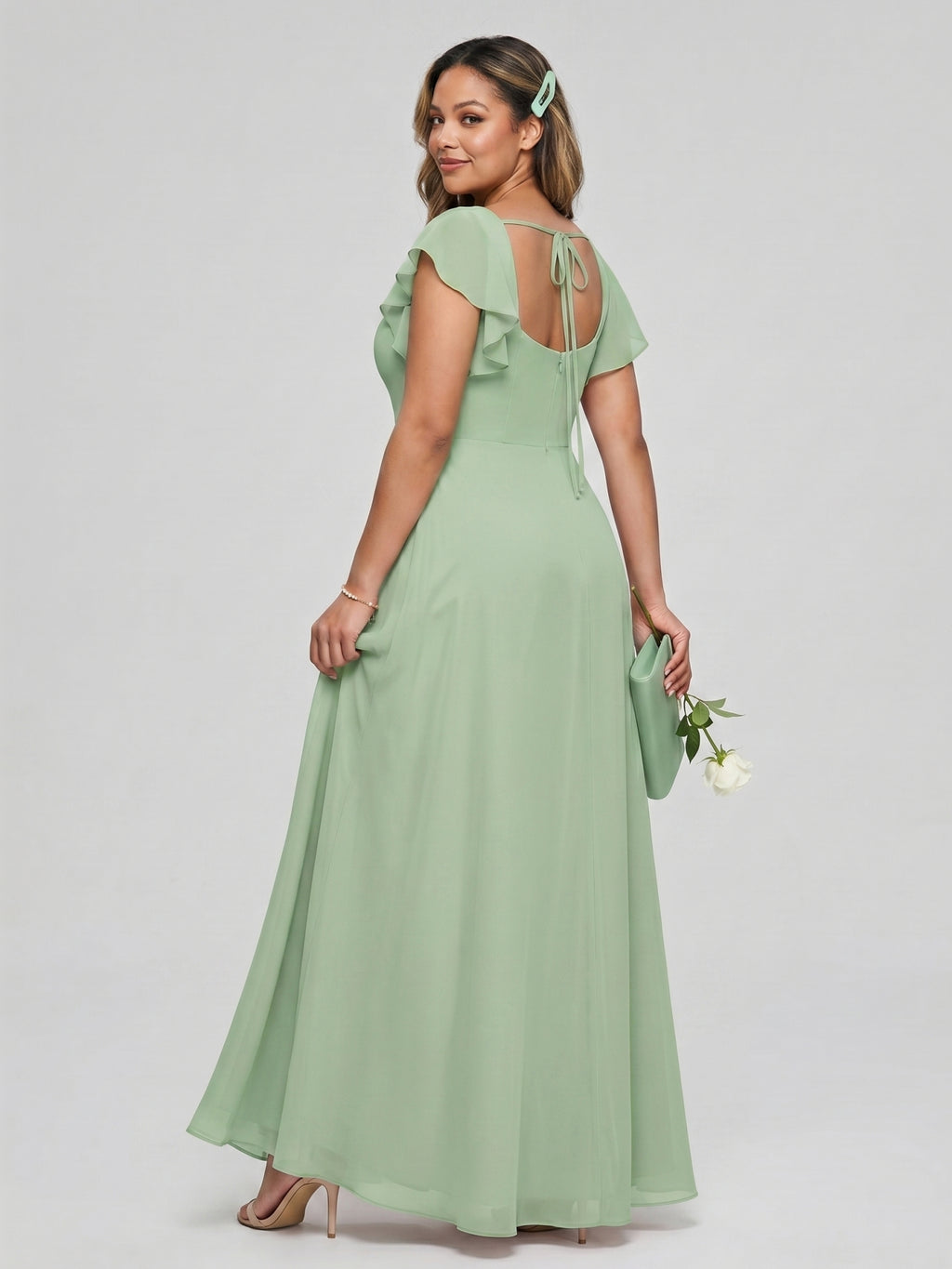 Modest Dusty Sage Chiffon A-Line Square Neck Ankle-Length Bridesmaid Dress