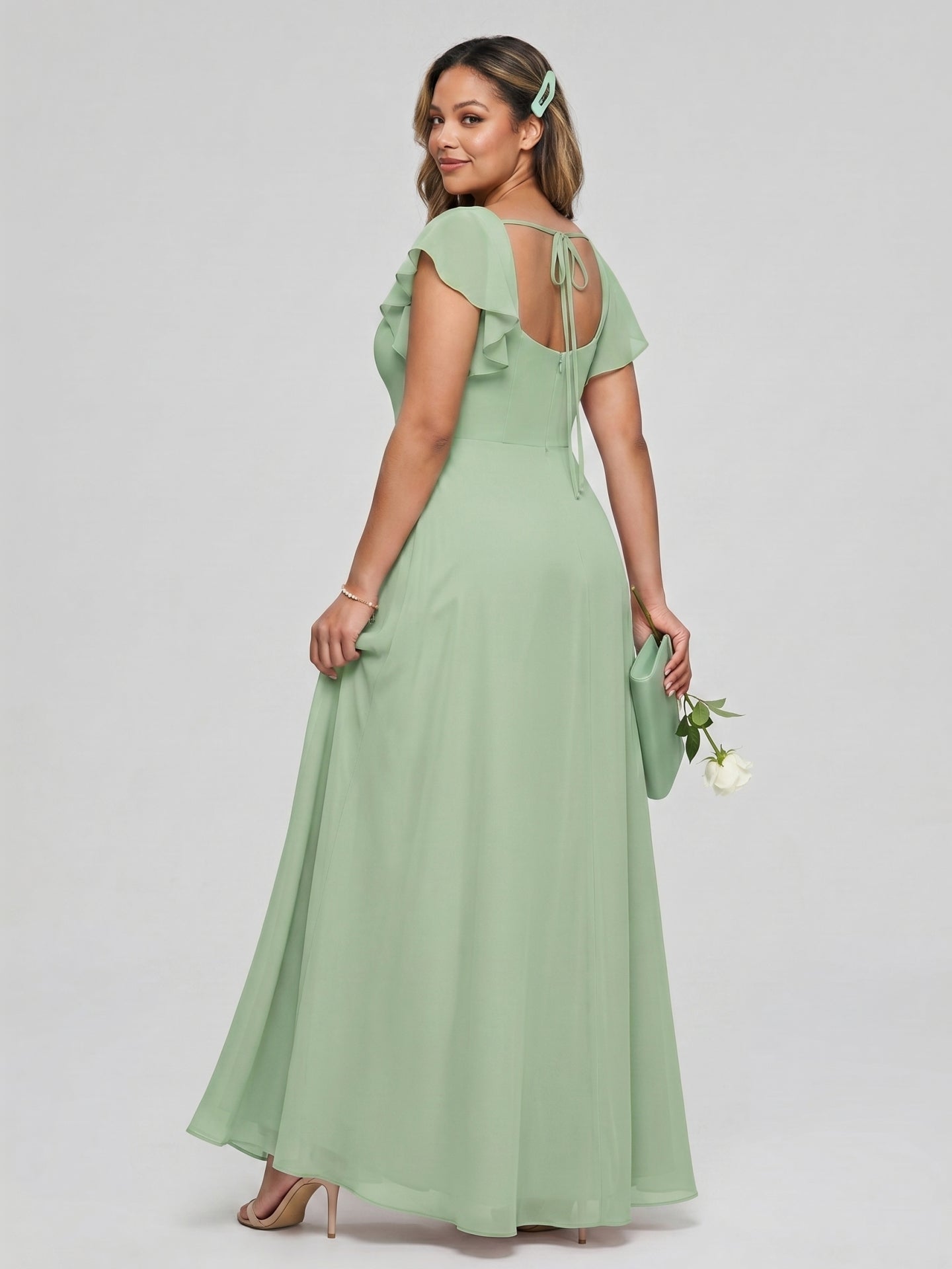 Modest Dusty Sage Chiffon A-Line Square Neck Ankle-Length Bridesmaid Dress