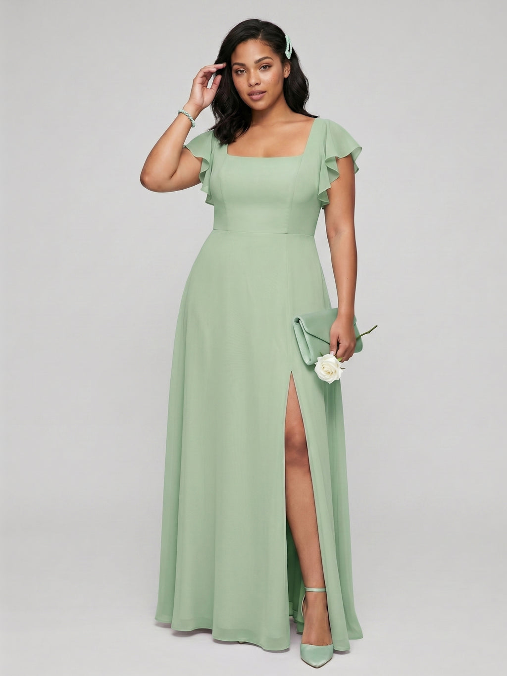 Modest Dusty Sage Chiffon A-Line Square Neck Ankle-Length Bridesmaid Dress