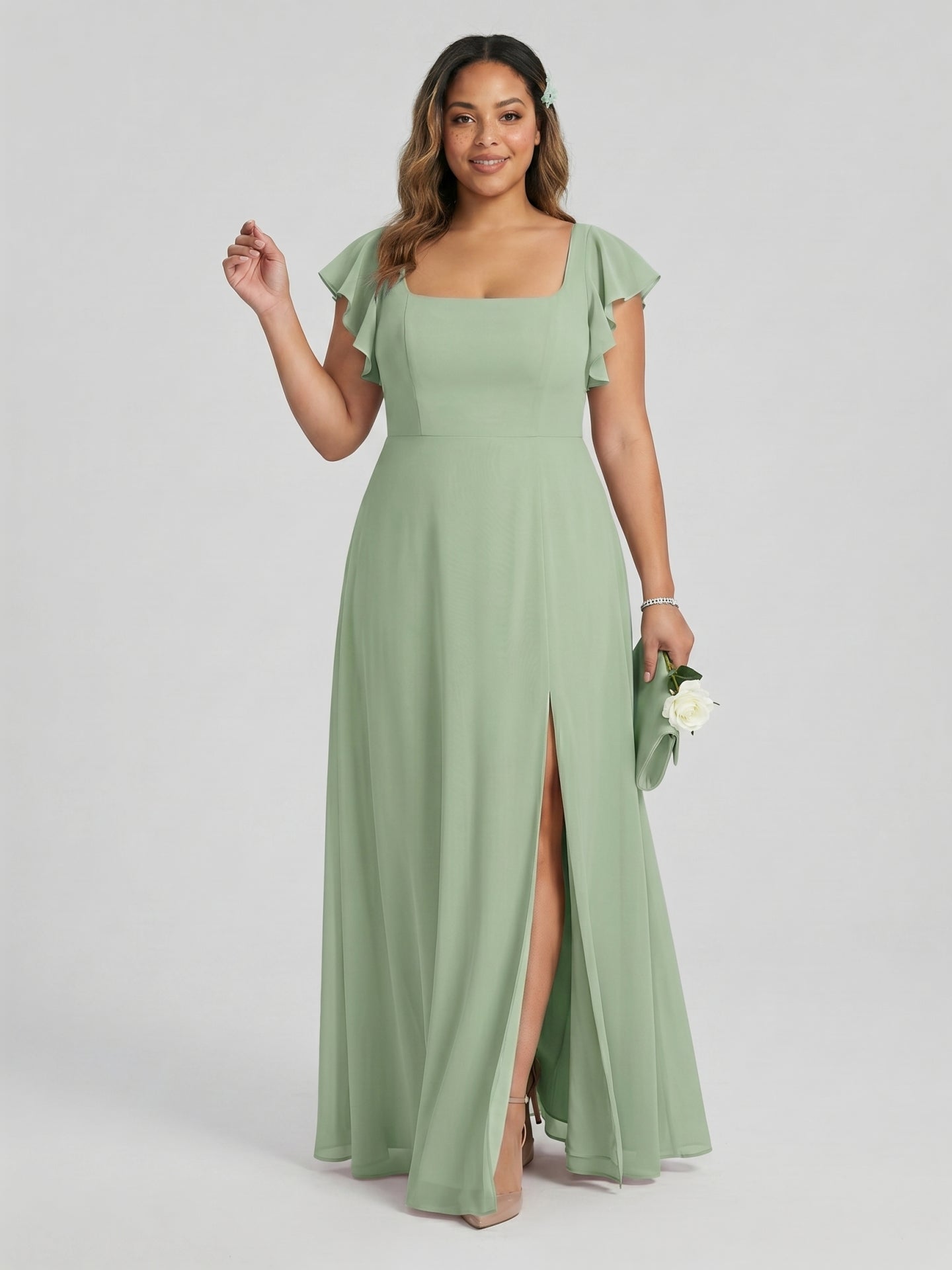 Modest Dusty Sage Chiffon A-Line Square Neck Ankle-Length Bridesmaid Dress