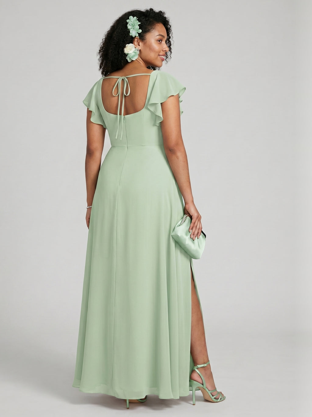 Modest Dusty Sage Chiffon A-Line Square Neck Ankle-Length Bridesmaid Dress