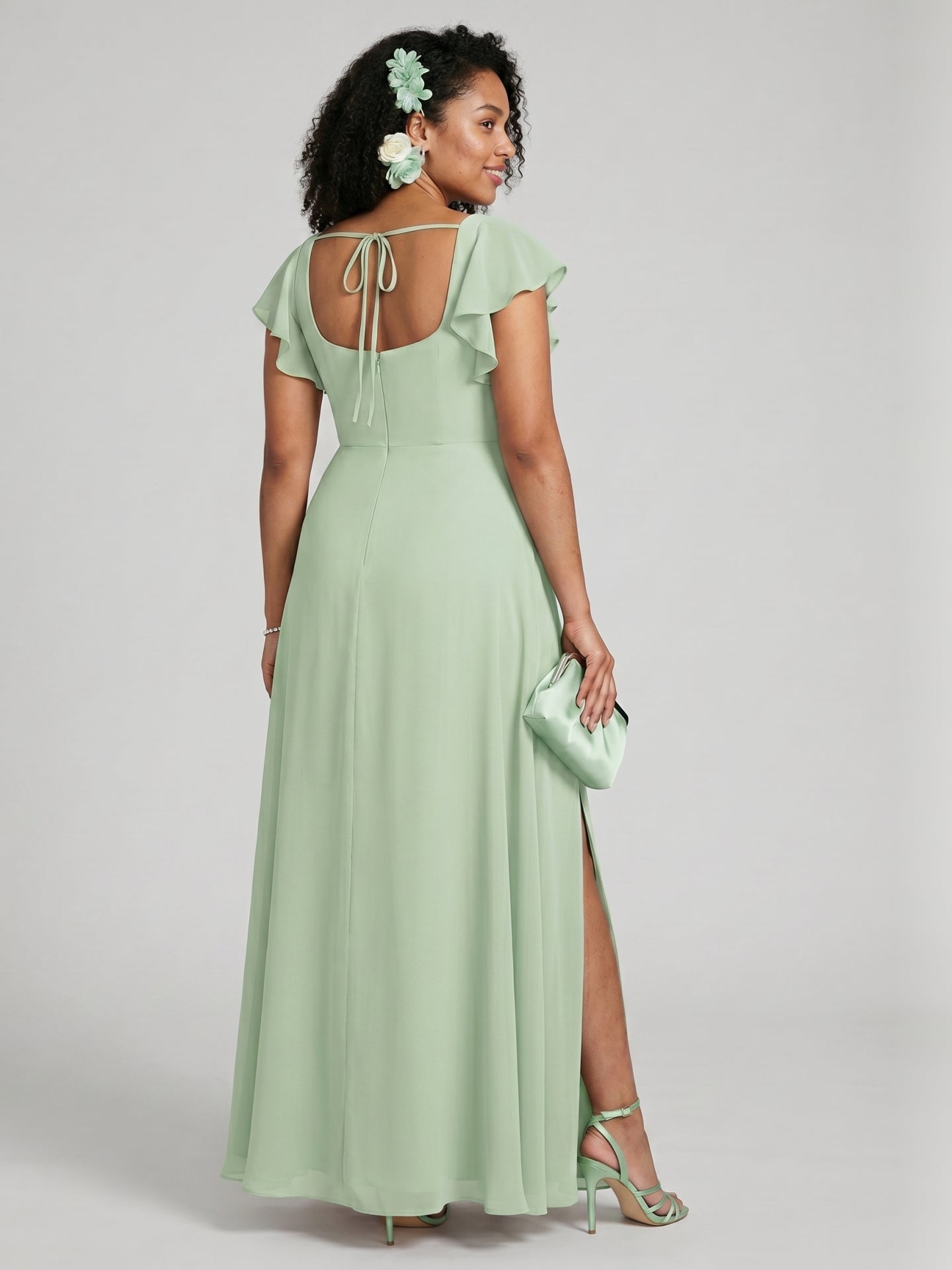 Modest Dusty Sage Chiffon A-Line Square Neck Ankle-Length Bridesmaid Dress