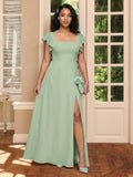 Modest Dusty Sage Chiffon A-Line Square Neck Ankle-Length Bridesmaid Dress