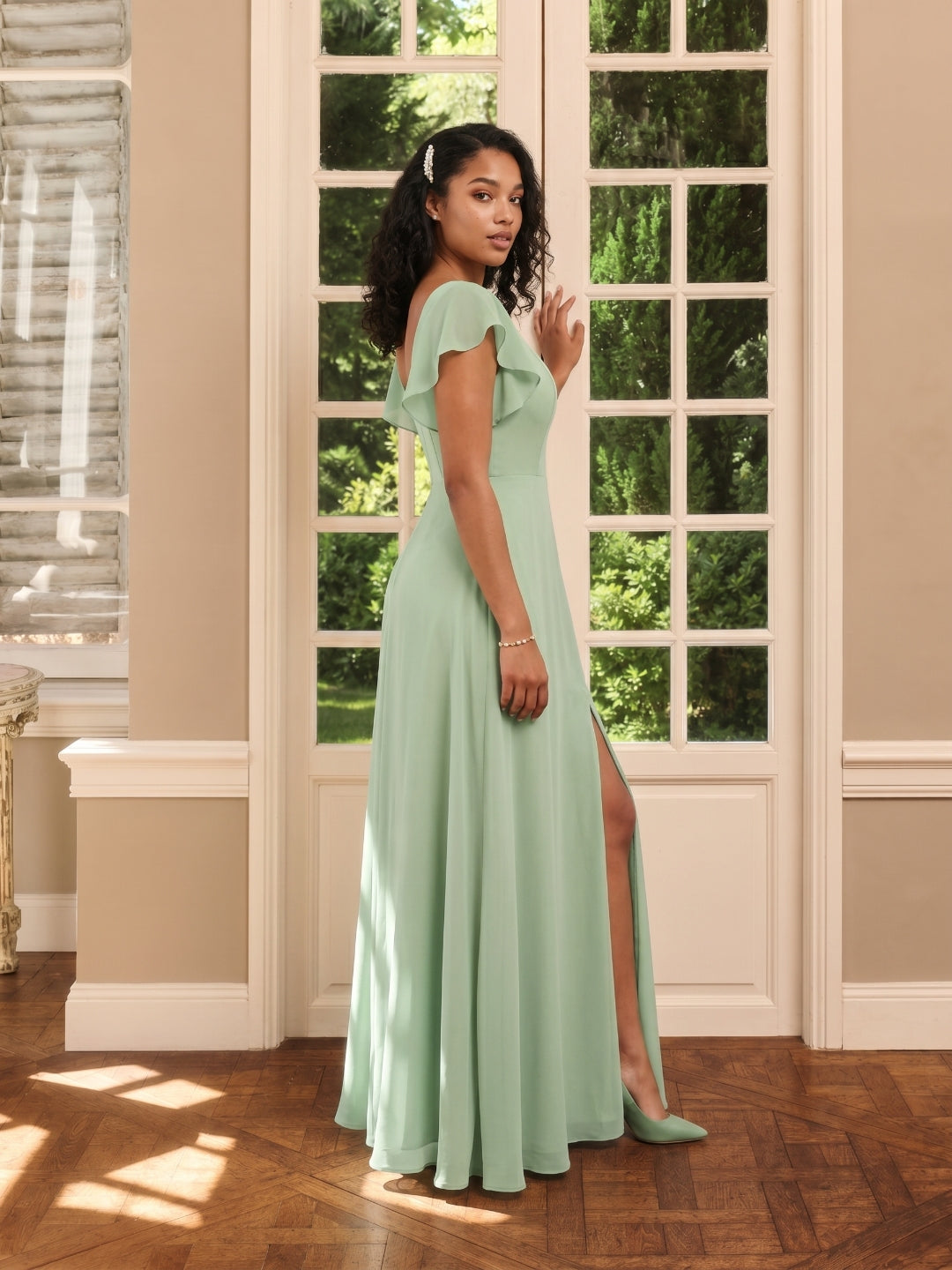 Modest Dusty Sage Chiffon A-Line Square Neck Ankle-Length Bridesmaid Dress