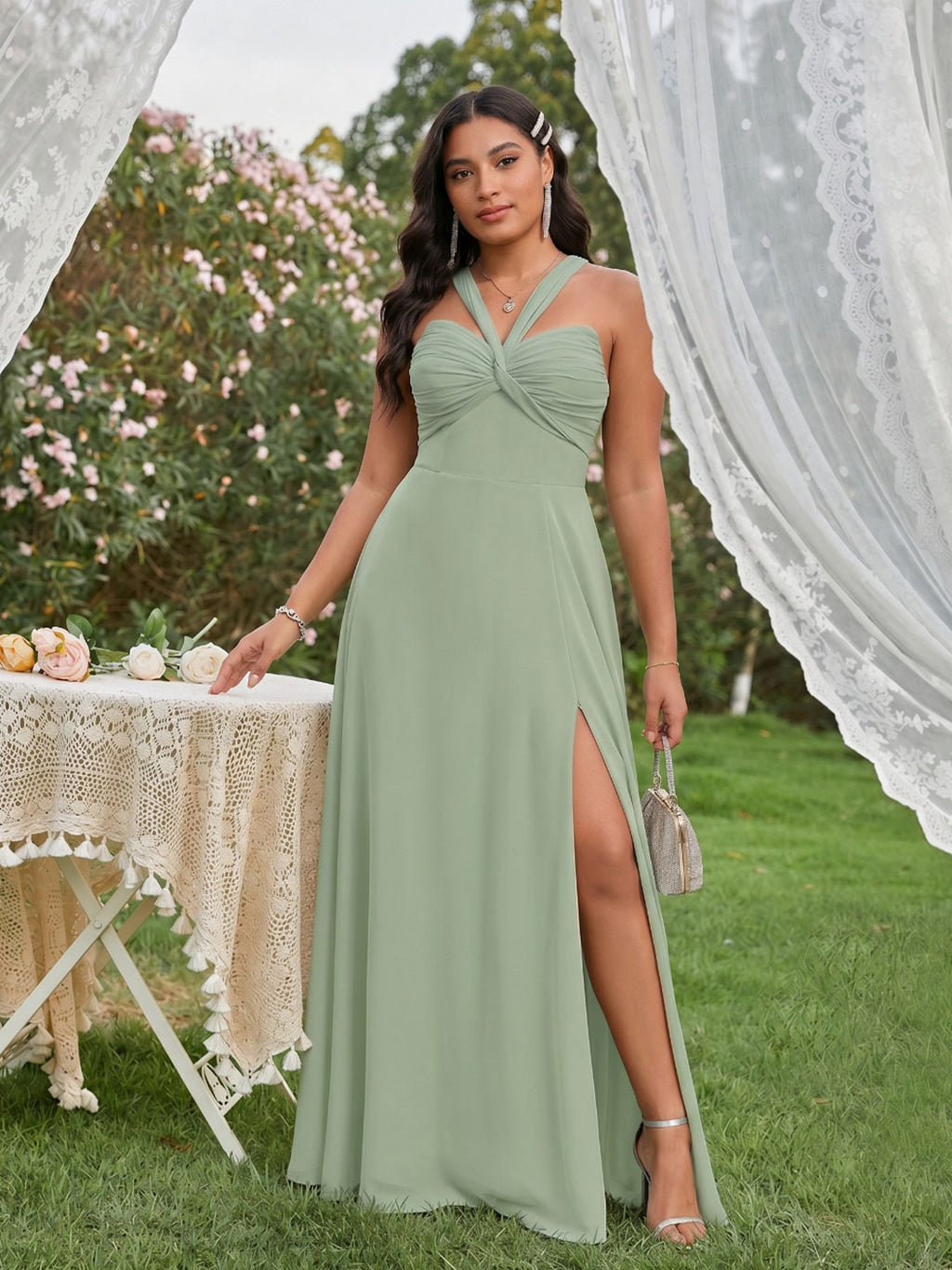 Modest Dusty Sage Chiffon A-Line Square Neck Ankle-Length Plus Size Bridesmaid Dress