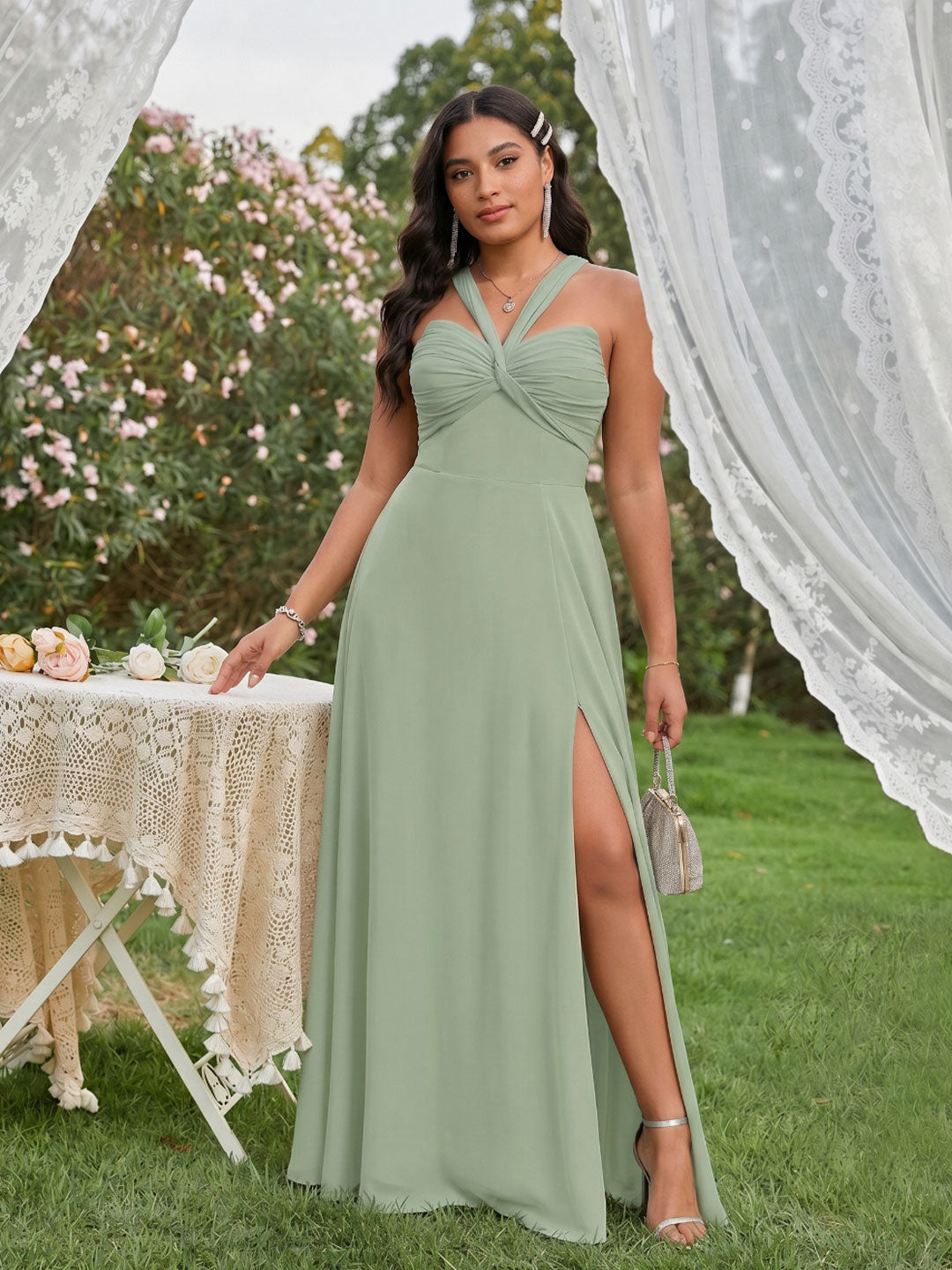 Modest Dusty Sage Chiffon A-Line Square Neck Ankle-Length Plus Size Bridesmaid Dress