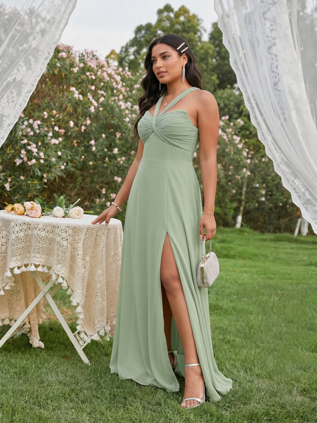Modest Dusty Sage Chiffon A-Line Square Neck Ankle-Length Plus Size Bridesmaid Dress