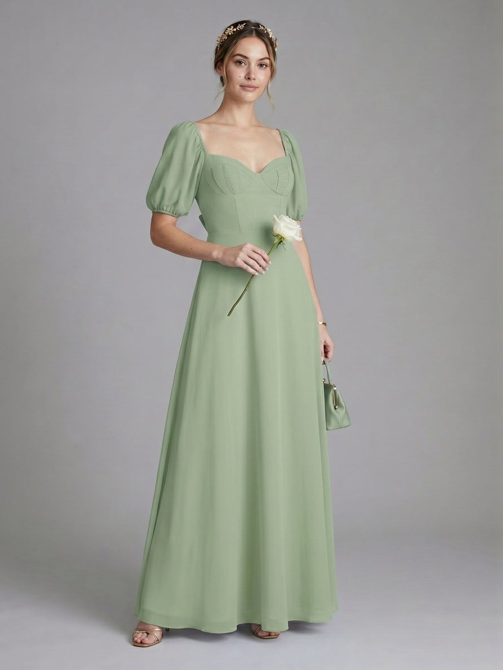 Modest Dusty Sage Chiffon A-Line Square Neck Backless Ankle-Length Bridesmaid Dress