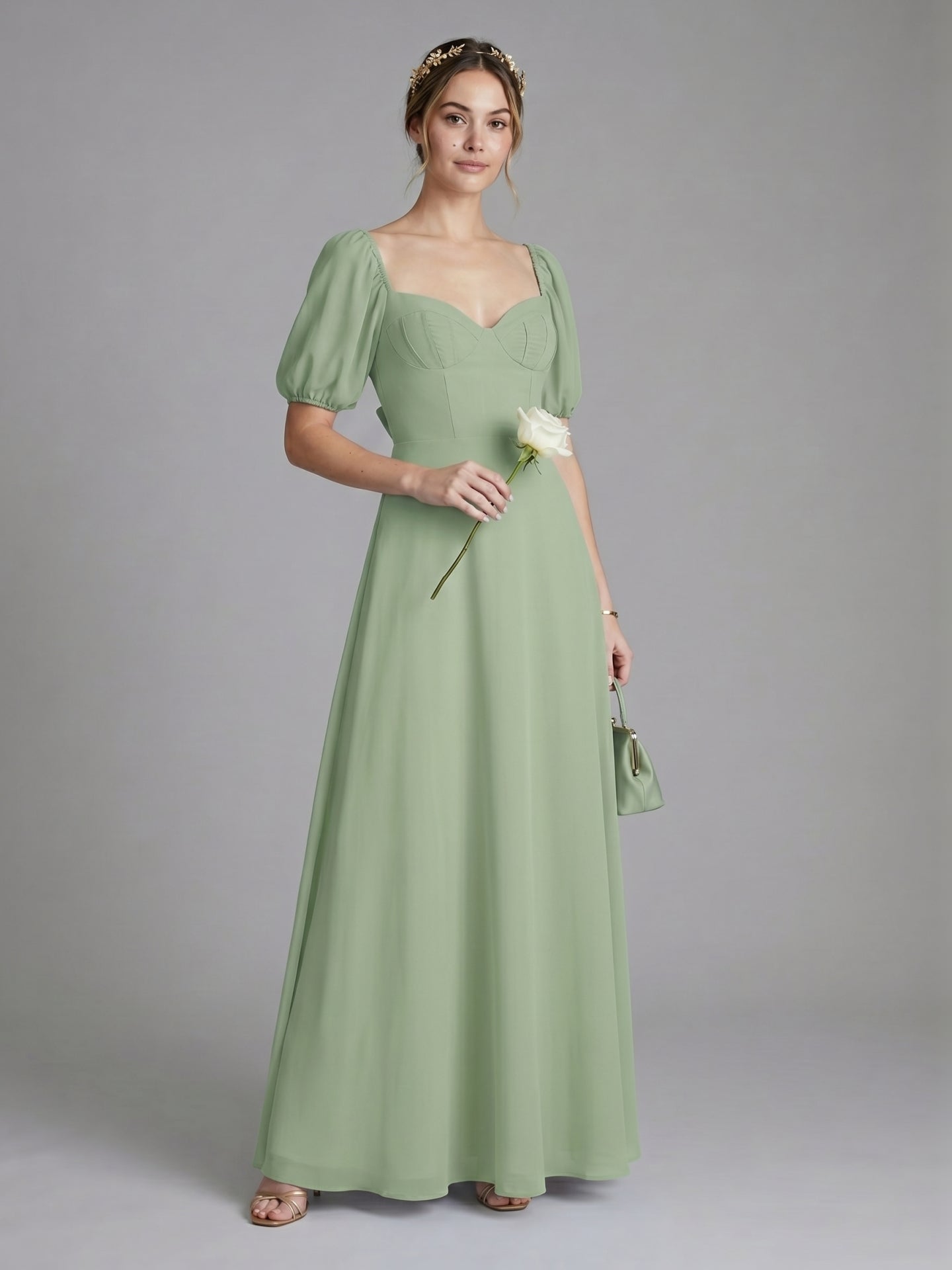 Modest Dusty Sage Chiffon A-Line Square Neck Backless Ankle-Length Bridesmaid Dress