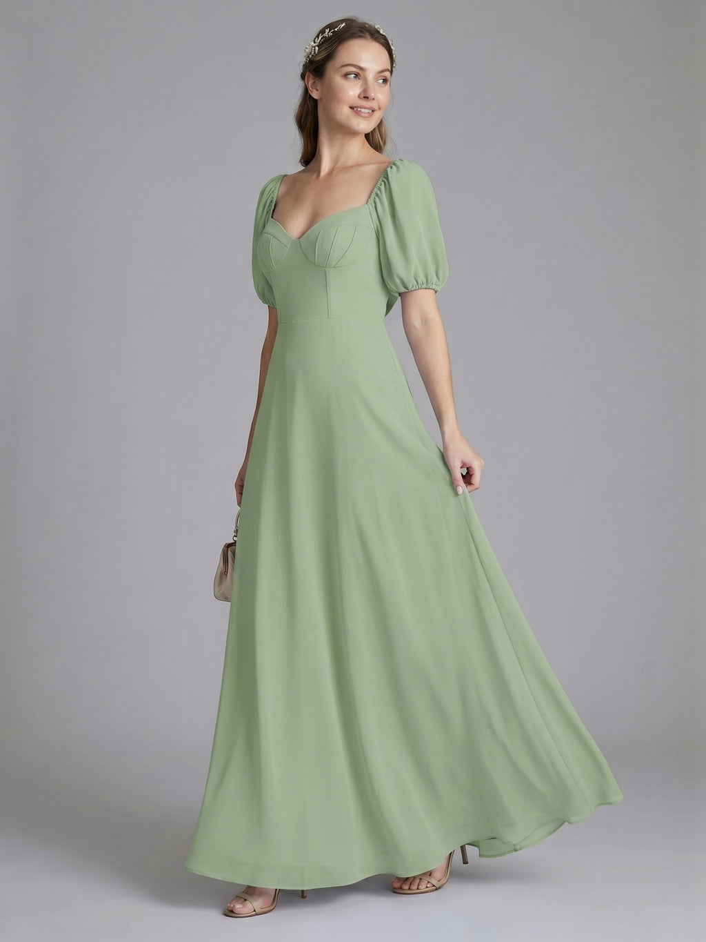 Modest Dusty Sage Chiffon A-Line Square Neck Backless Ankle-Length Bridesmaid Dress