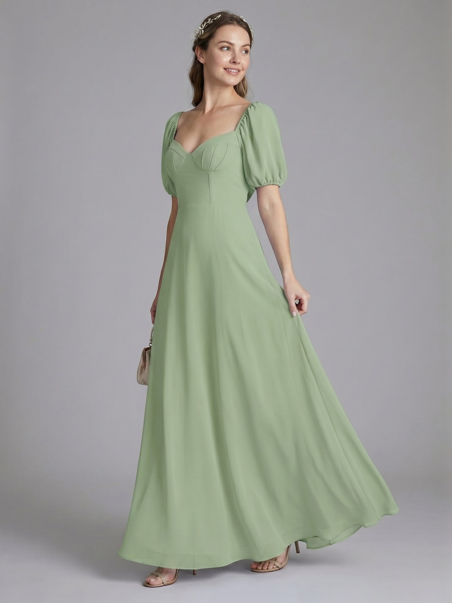 Modest Dusty Sage Chiffon A-Line Square Neck Backless Ankle-Length Bridesmaid Dress