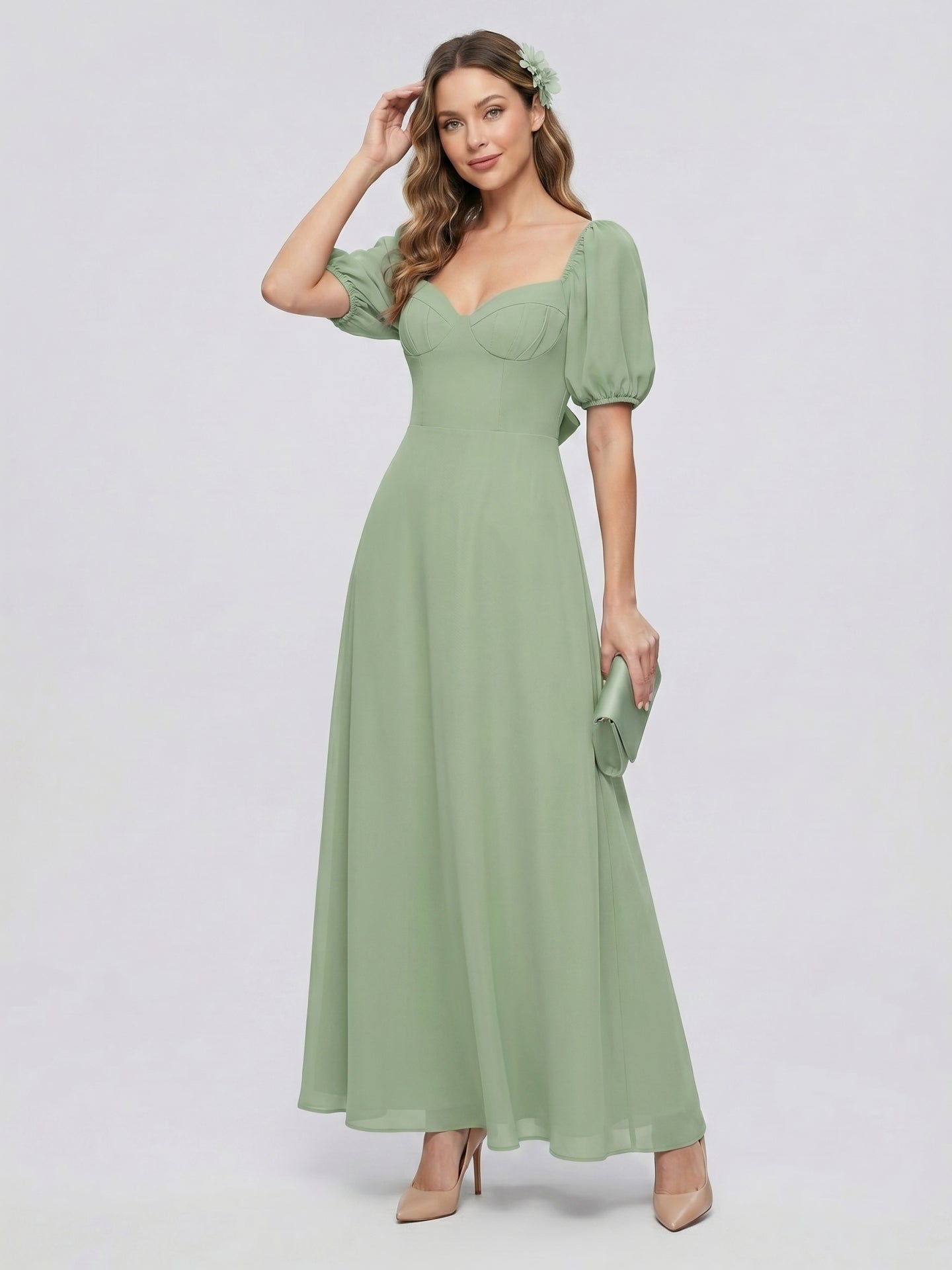 Modest Dusty Sage Chiffon A-Line Square Neck Backless Ankle-Length Bridesmaid Dress