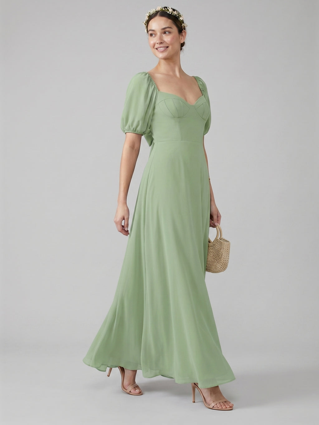Modest Dusty Sage Chiffon A-Line Square Neck Backless Ankle-Length Bridesmaid Dress
