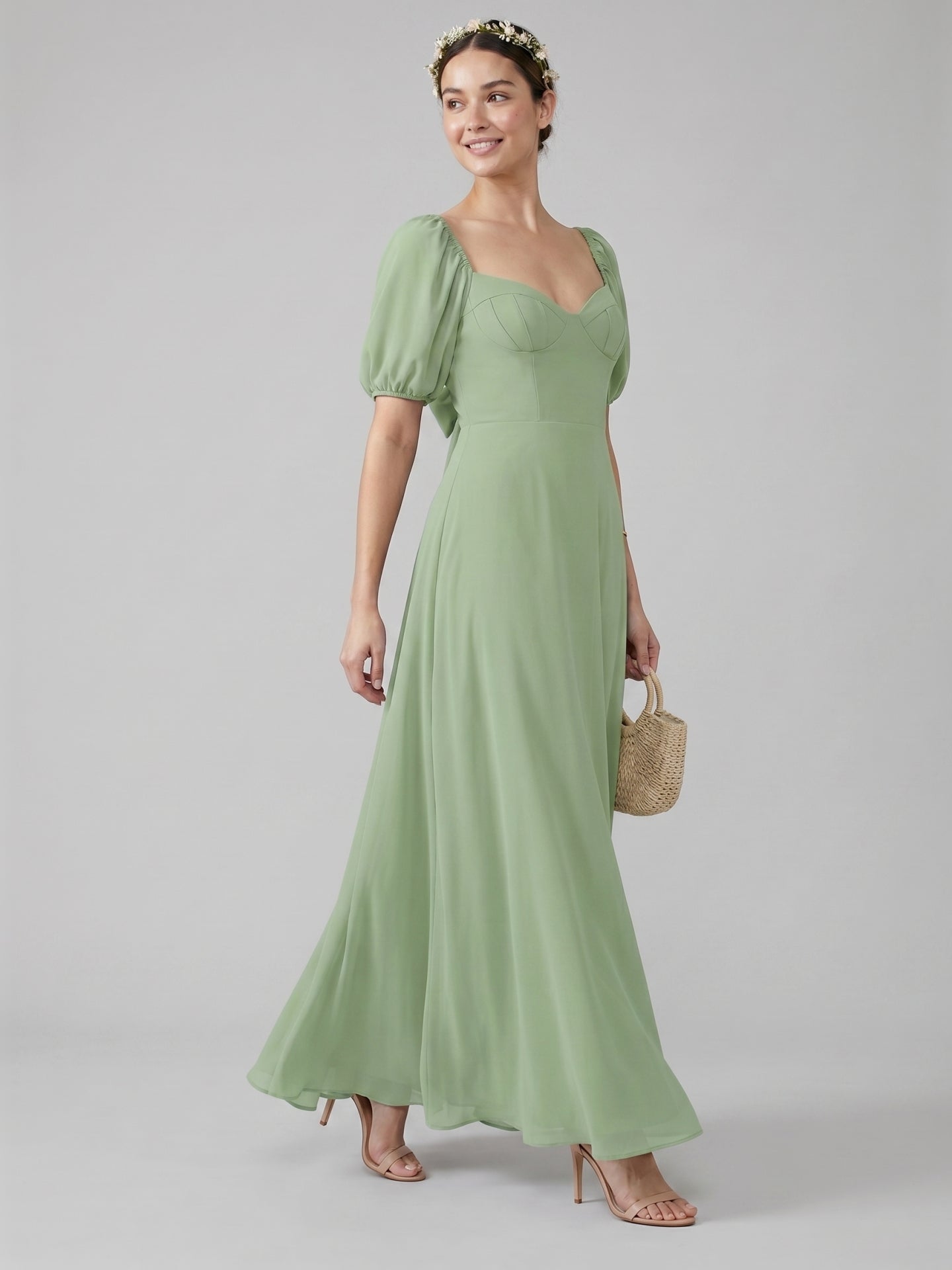 Modest Dusty Sage Chiffon A-Line Square Neck Backless Ankle-Length Bridesmaid Dress