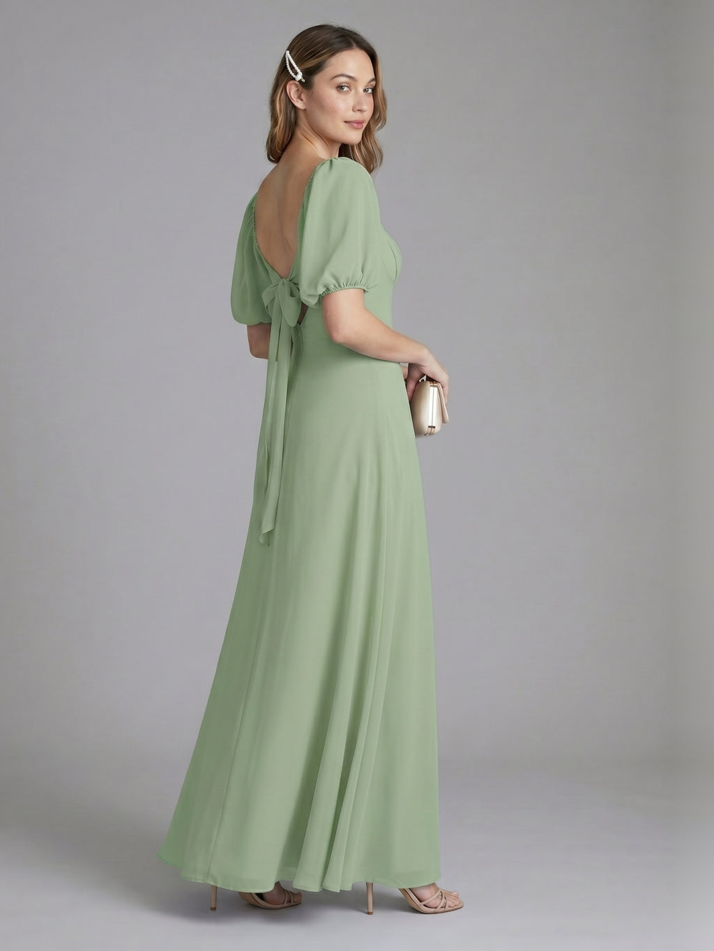 Modest Dusty Sage Chiffon A-Line Square Neck Backless Ankle-Length Bridesmaid Dress
