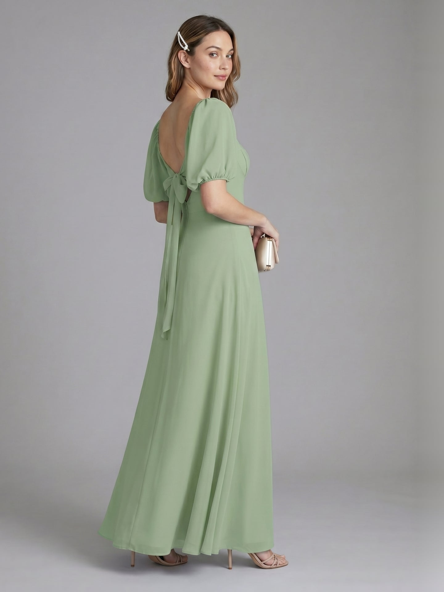 Modest Dusty Sage Chiffon A-Line Square Neck Backless Ankle-Length Bridesmaid Dress