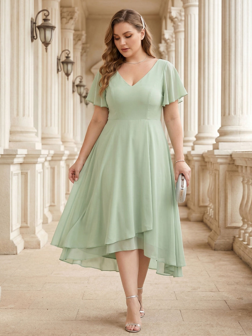 Modest Dusty Sage Chiffon A-Line V-Neck V-Back Asymmetrical Plus Size Bridesmaid Dress