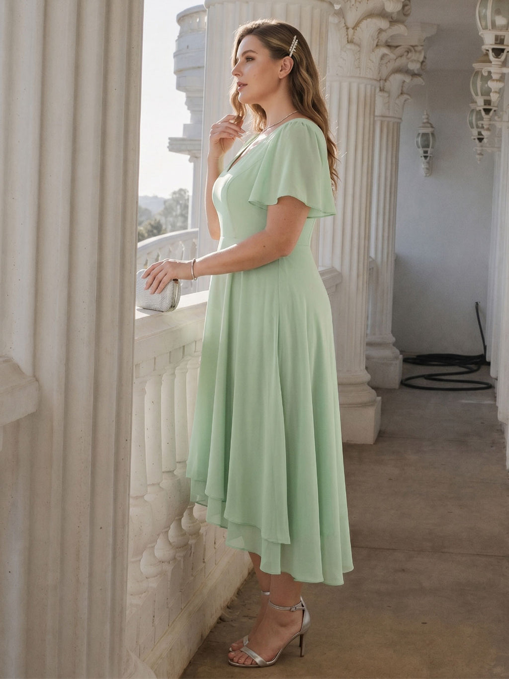 Modest Dusty Sage Chiffon A-Line V-Neck V-Back Asymmetrical Plus Size Bridesmaid Dress