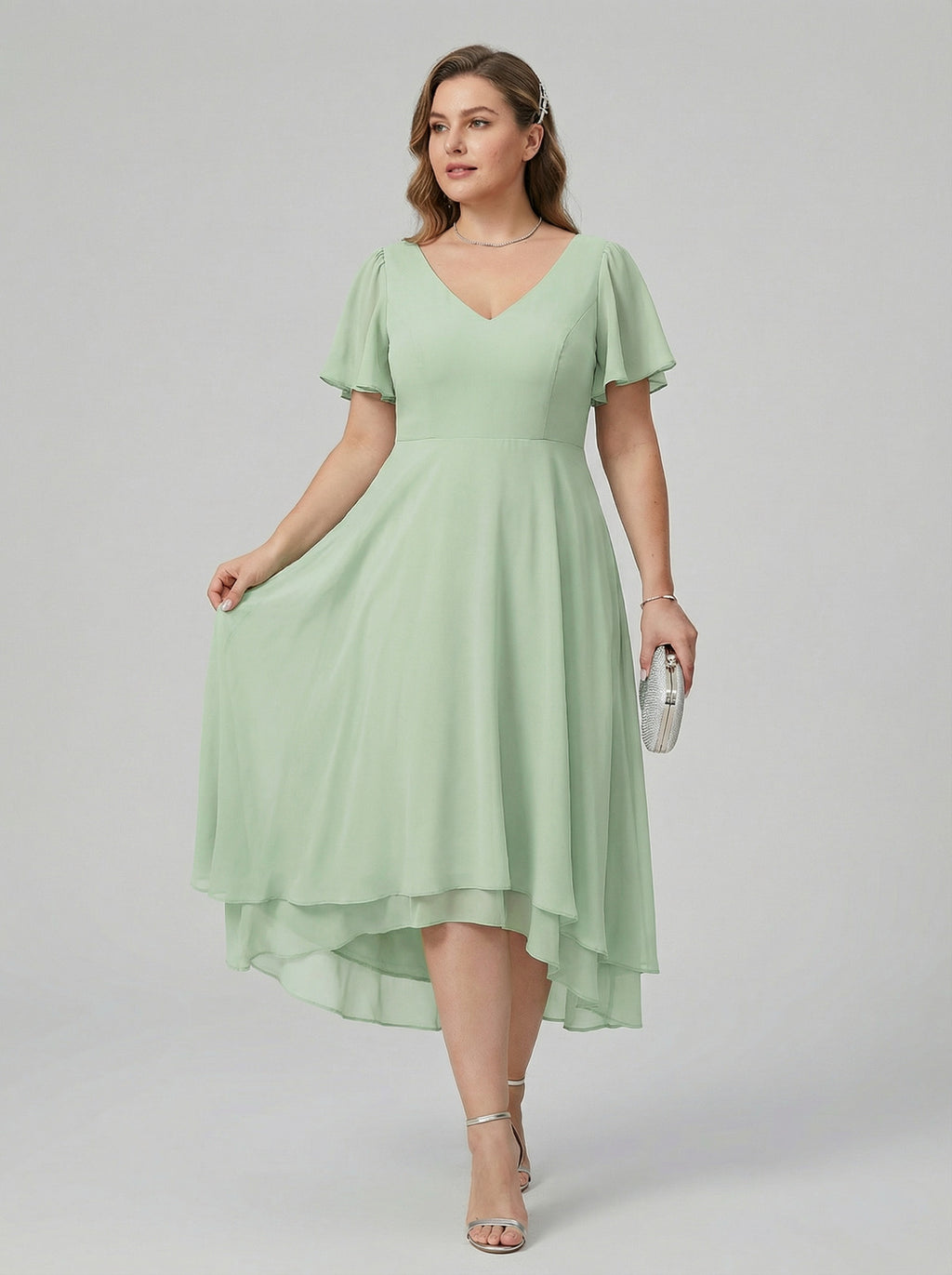 Modest Dusty Sage Chiffon A-Line V-Neck V-Back Asymmetrical Plus Size Bridesmaid Dress