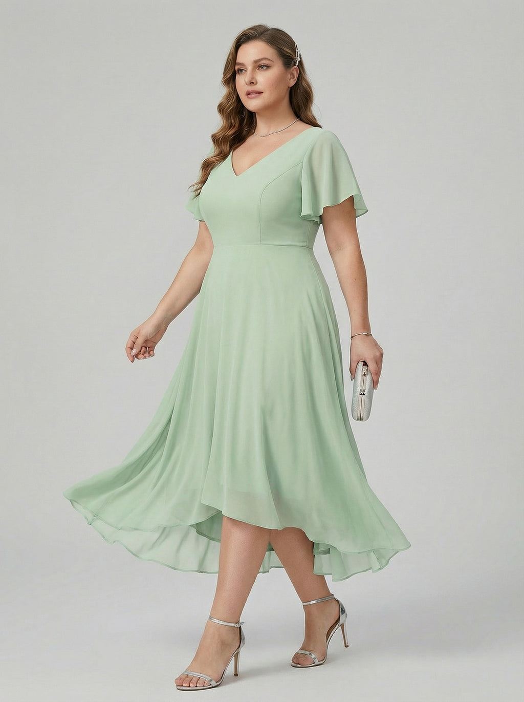 Modest Dusty Sage Chiffon A-Line V-Neck V-Back Asymmetrical Plus Size Bridesmaid Dress
