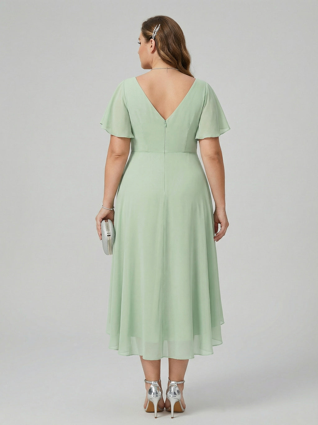 Modest Dusty Sage Chiffon A-Line V-Neck V-Back Asymmetrical Plus Size Bridesmaid Dress