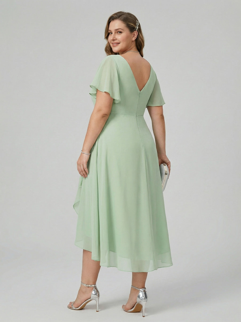 Modest Dusty Sage Chiffon A-Line V-Neck V-Back Asymmetrical Plus Size Bridesmaid Dress