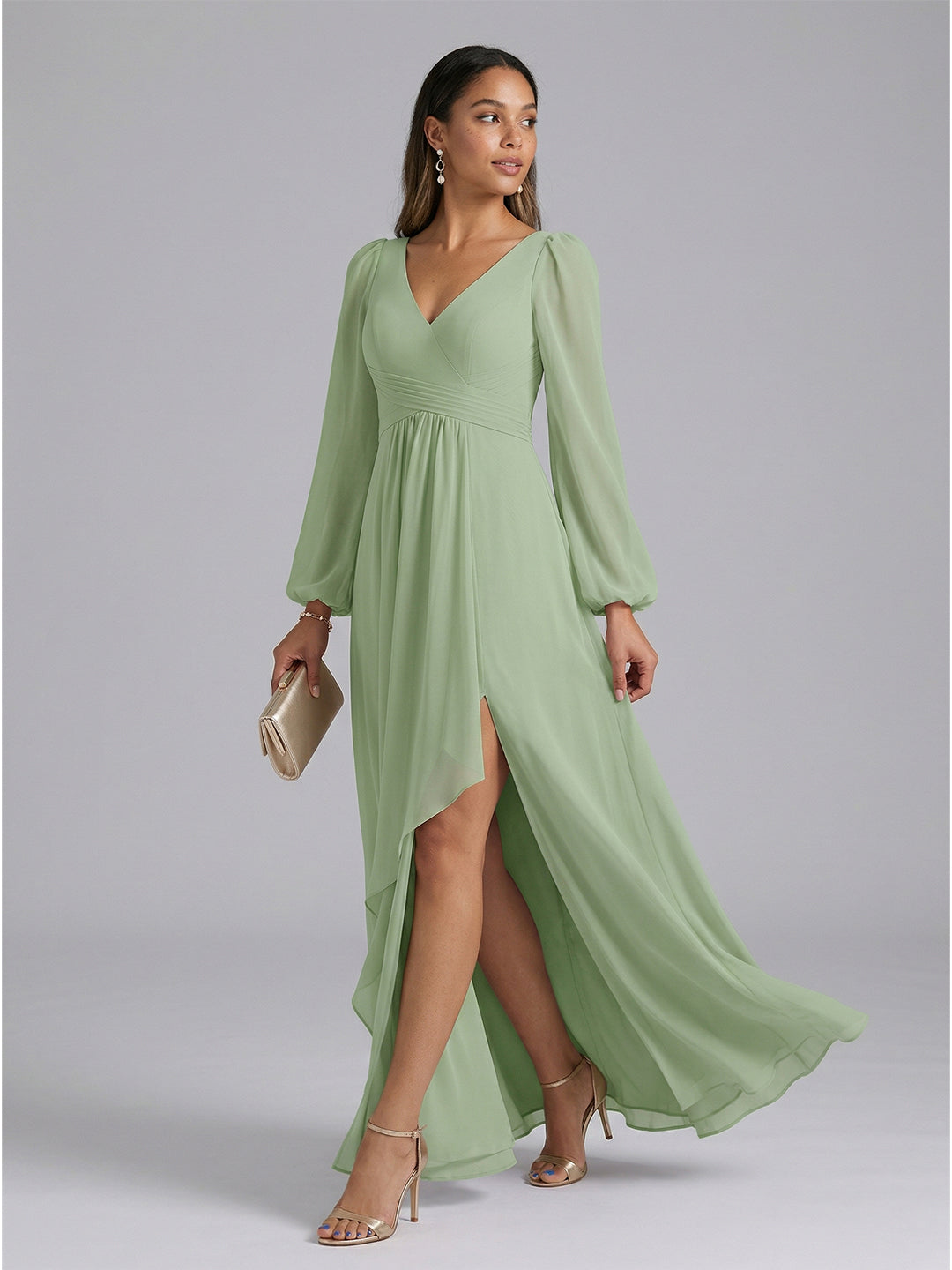 Modest Dusty Sage Chiffon A-Line V-Neck V-Back with Ruffle Ankle-Length Bridesmaid Dress