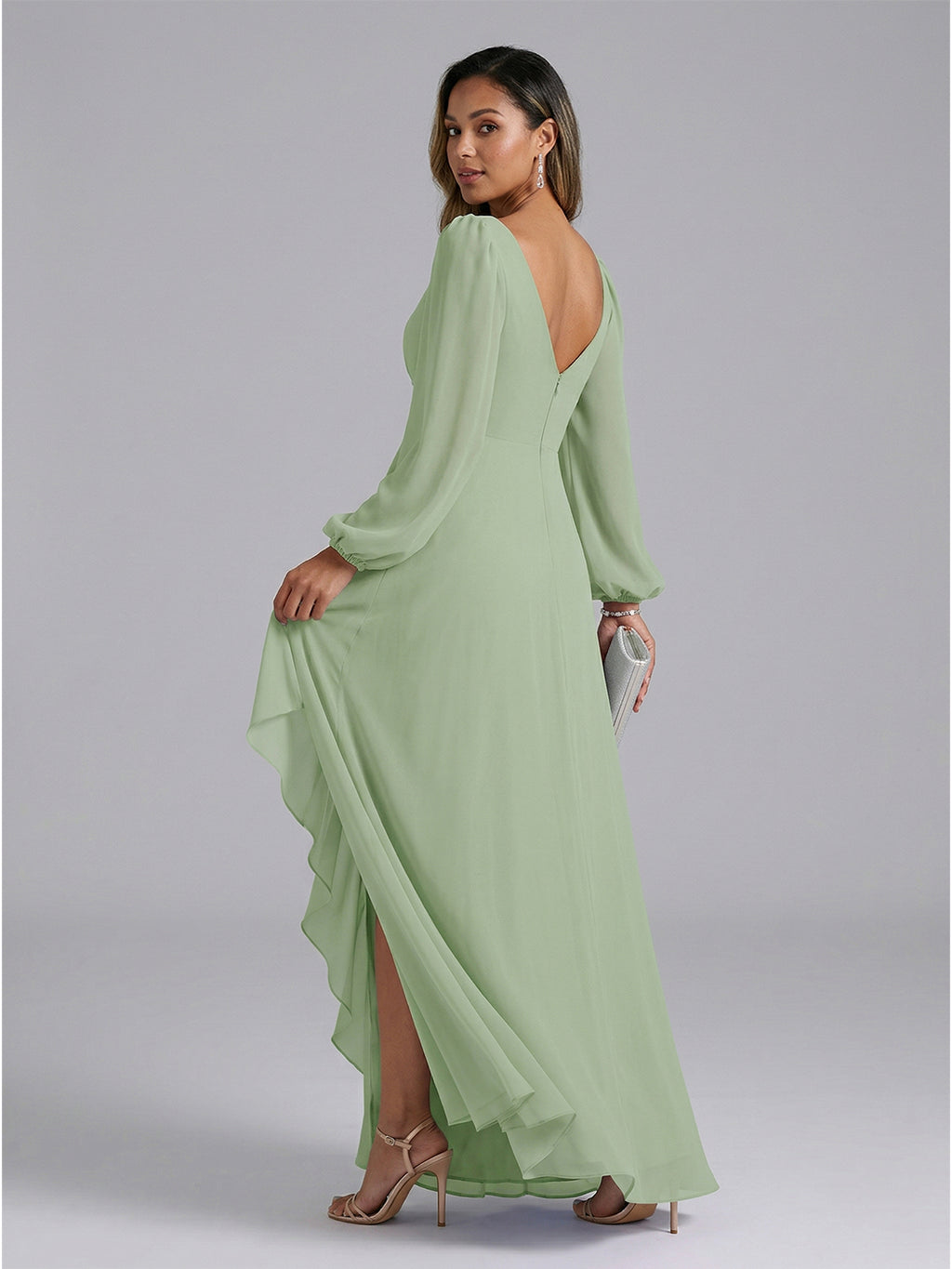 Modest Dusty Sage Chiffon A-Line V-Neck V-Back with Ruffle Ankle-Length Bridesmaid Dress