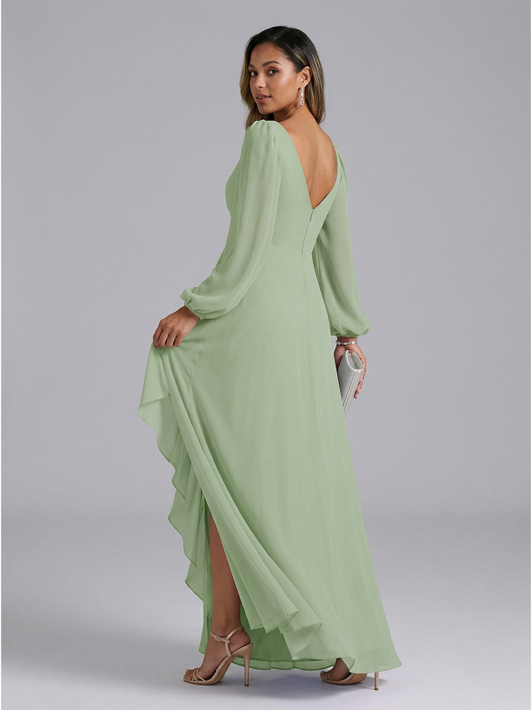 Modest Dusty Sage Chiffon A-Line V-Neck V-Back with Ruffle Ankle-Length Bridesmaid Dress