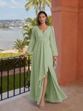 Modest Dusty Sage Chiffon A-Line V-Neck V-Back with Ruffle Ankle-Length Bridesmaid Dress