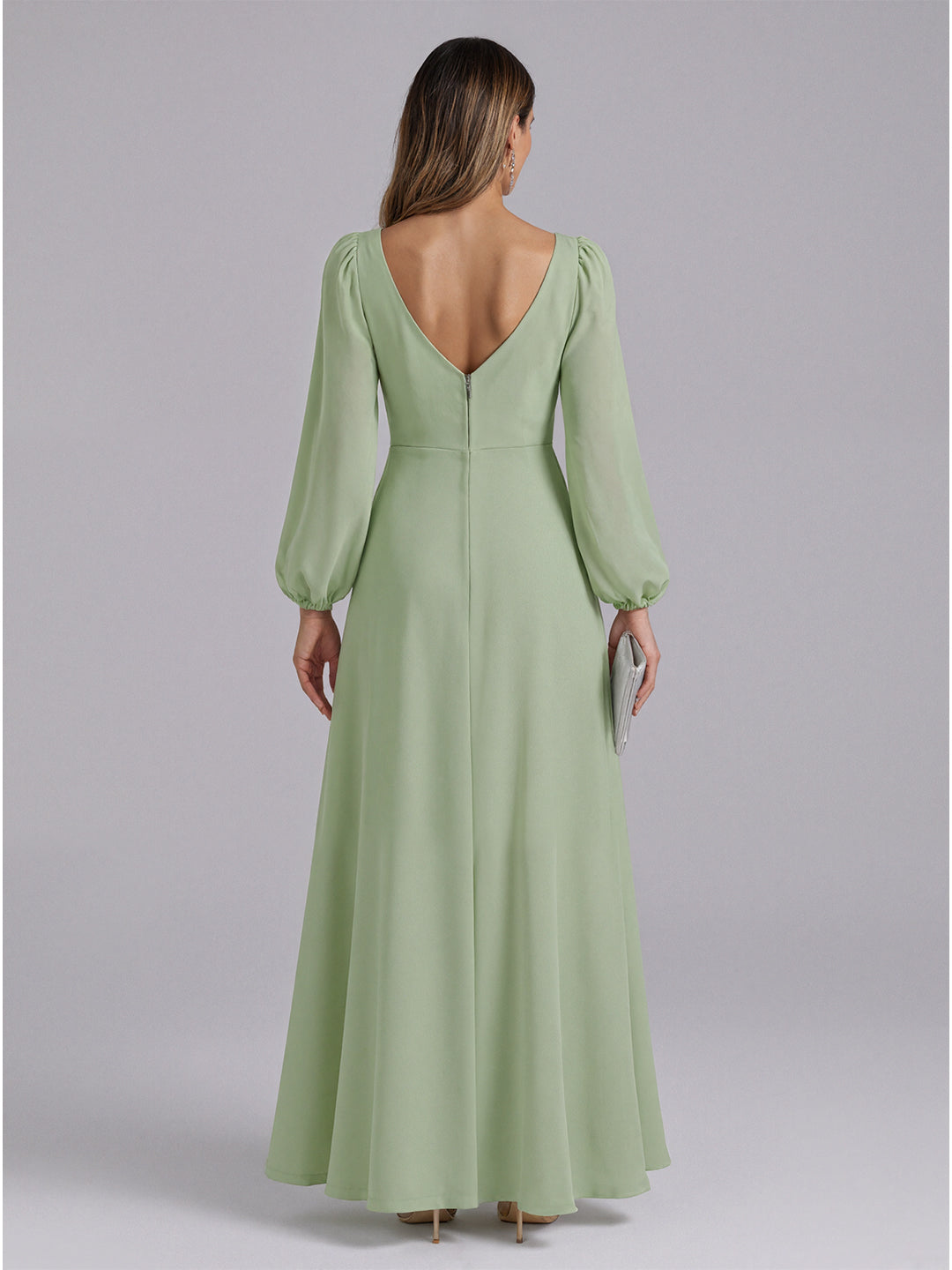 Modest Dusty Sage Chiffon A-Line V-Neck V-Back with Ruffle Ankle-Length Bridesmaid Dress