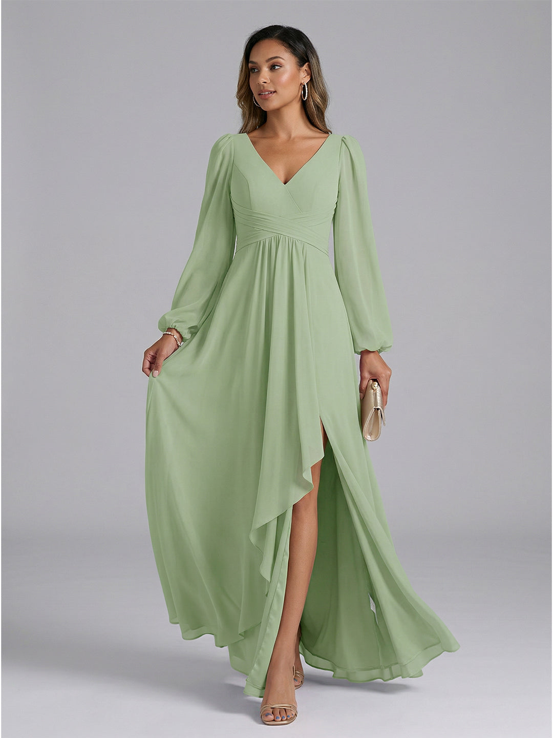 Modest Dusty Sage Chiffon A-Line V-Neck V-Back with Ruffle Ankle-Length Bridesmaid Dress